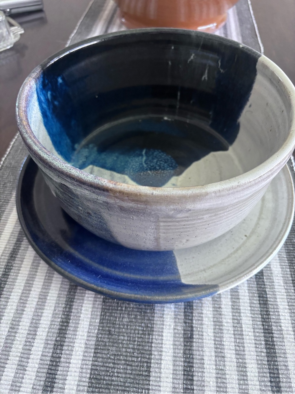 Handmade Glazed Ceramic Bowl with plate. Blue-Grey